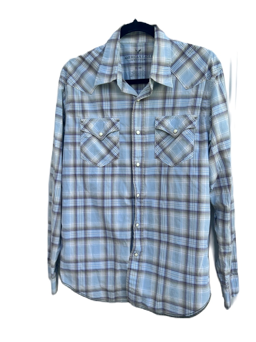 American Eagle Light Blue Plaid Men's Western Shirt. SZ Medium. GC. Snap button